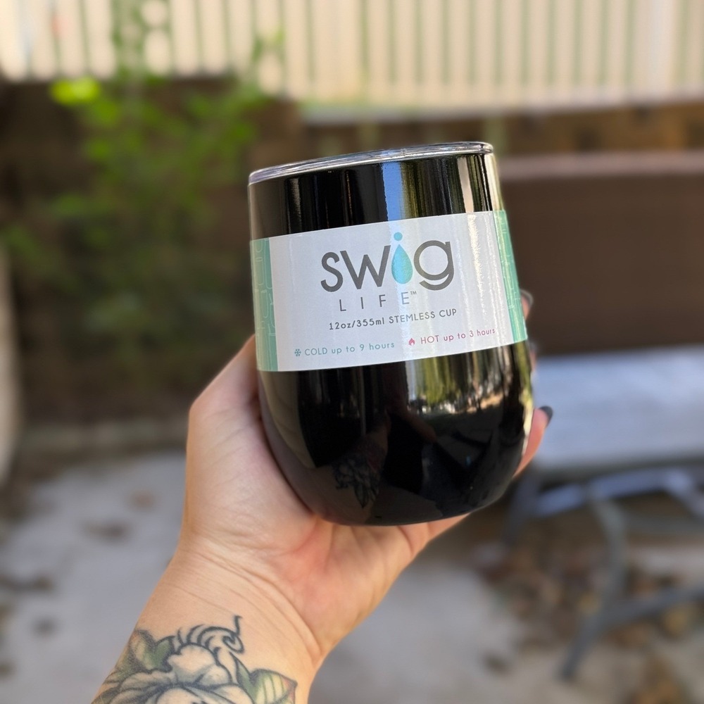 Swig Life 12oz Stemless Cup Black Stainless Steel Insulated Travel Mug NEW‎